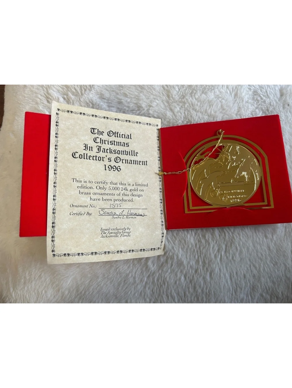 1996 Jacksonville Christmas Collector's Ornament - 24K Gold on Brass